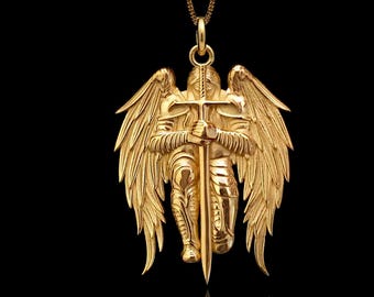 Gold St Michael Protector Pendant - 14K, 18K Solid Gold St Michael Necklace, Archangel Michael Jewelry | Made In USA