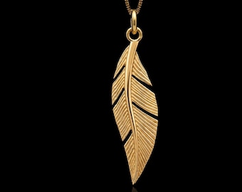 MINI Feather Pendant (28.5 mm) - 14K, 18K Solid Gold Feather Necklace - Made In USA