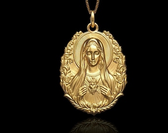18K Gold Virgin Mary Pendant, 12mm, Gold Madonna Necklace, Gold