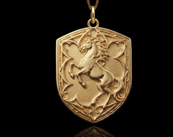 Gold Horse Shield Pendant - Solid Gold Horse Necklace, Equestrian Jewelry | Made In USA