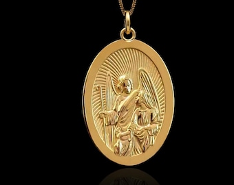Gold St Raphael Oval Pendant - Solid Gold St Raphael Necklace, Archangel Raphael Jewelry, Catholic Pendant, Protection Gift | Made In USA
