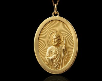 Gold St Jude Pendant - 14K, 18K Solid Gold St Jude Necklace, Saint Jude Jewelry, Patron Saint Pendant - Made In USA