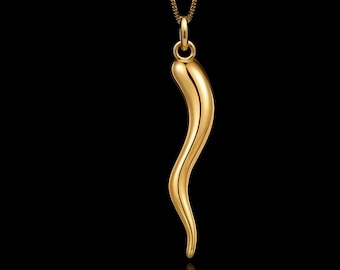 Gold Italian Horn Pendant - Solid Gold Italian Horn Necklace, Cornicello Jewelry, Lucky Horn Pendant, Protection Gift | Made In USA