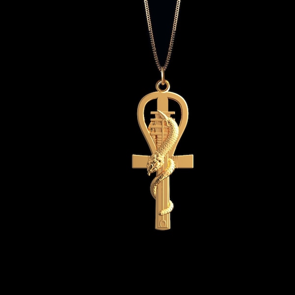 Gold Key of Ankh Pendant - 14k Solid Gold Ankh Key Necklace, Egyptian Key Charm, Serpent Necklace, Ankh Jewelry, Gold Cross