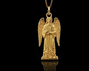 Gold Guardian Angel Pendant - Solid Gold Guardian Angel Necklace, Angel Jewelry, Protection Symbol Pendant | Made in USA