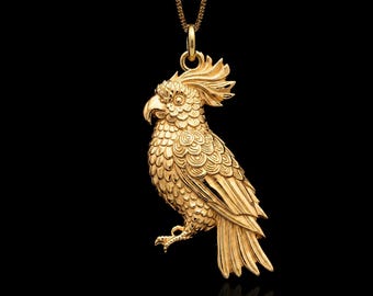 Gold Parrot Pendant - 14K, 18K Solid Gold Cockatoo Necklace - Made in USA