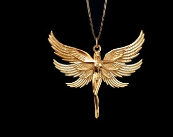 Gold Winged Woman Angel Pendant - 14k Solid Gold Angel Necklace