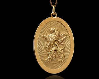 Gold Heraldic Lion Medal Pendant - Solid Gold Lion Necklace, Lion Crest Jewelry, Royal Lion Pendant, Strength Symbol Gift | Made in USA