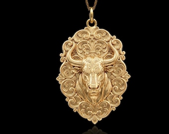 Gold Taurus Pendant - 14K, 18K Solid Gold Bull Necklace - Made in USA