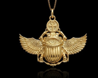 Gold Scarab Pendant - Solid Gold Scarab Necklace, Egyptian Scarab Jewelry, Ancient Egypt Pendant, Spiritual Symbol Gift | Made In USA