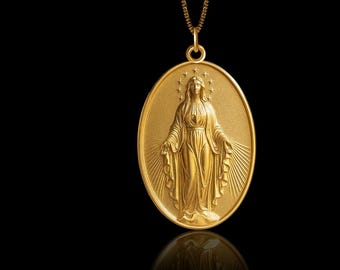 Gold Virgin Mary Pendant - Solid Gold Virgin Mary Necklace, Religious Jewelry, Symbol Of Grace & Protection – Made In USA