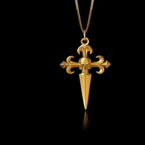 Gold Cross of St James Pendant - Solid Gold St James Cross Necklace, Christian Santiago Cross, Symbol Of Courage – Made In USA