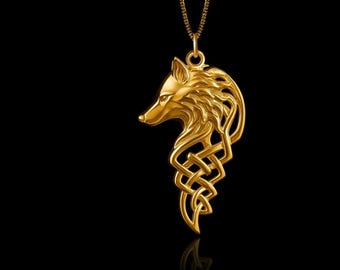 Gold Celtic Wolf Pendant Necklace – Solid Gold Wolf Head Pendant for Men and Women – Celtic Jewelry Made in USA