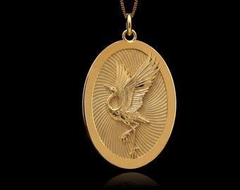 Gold Crane Medal Pendant - Solid Gold Crane Necklace, Crane Bird Jewelry, Elegant Bird Pendant, Nature Symbol Gift | Made in USA