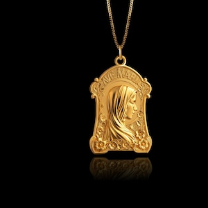 Gold Ave Maria Mary Pendant 21 - Solid Gold Virgin Mary Necklace, Religious Jewelry, Symbol Of Grace & Protection – Made In USA