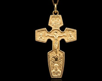 Gold Trinity Cross Pendant - 14K, 18K Solid Gold Double Sided Orthodox Cross - Made In USA