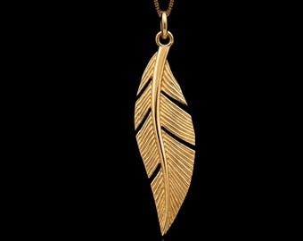 Gold Feather Pendant - 14K, 18K Solid Gold Feather Necklace, Symbolic Jewelry - Made In USA