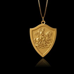Gold St George Shield Pendant - Solid Gold Archangel Necklace – Religious Jewelry Made in USA