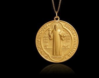 Gold St Benedict Pendant - Solid Gold St Benedict Necklace, Saint Jewelry, Symbol Of Faith & Protection – Made In USA