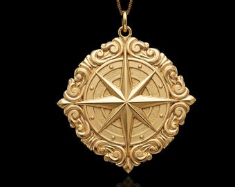 Gold Compass Pendant - 14K, 18K Solid Gold Compass Necklace, Nautical Jewelry - Made In USA