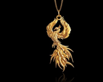 Gold Phoenix Rising Pendant - Solid Gold Phoenix Necklace, Mythical Bird Jewelry, Symbol Of Rebirth And Power – Made In USA