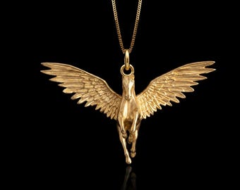 Gold Pegasus Pendant - 14K, 18K Solid Gold Pegasus Necklace,, Winged Horse Pendant | Made In USA