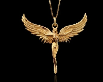Gold Angel Pendant - Solid Gold Angel Necklace, Angel Jewelry, Protection Symbol Pendant, Faith Gift | Made in USA