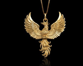 Gold Phoenix Radiance Pendant - Solid Gold Phoenix Necklace, Mythical Bird Jewelry, Phoenix Symbol Pendant | Made In USA