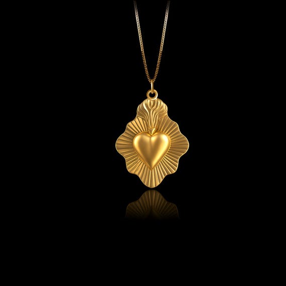 Gold Sacred Heart Pendant Solid Gold Sacred Heart Necklace