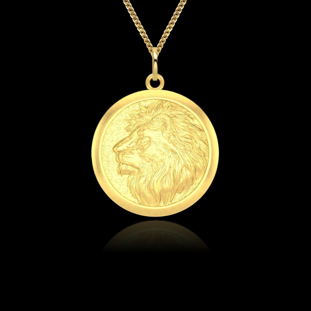 Gold Lion Pendant 14k Solid Gold Lion Necklace Lion Medal Etsy