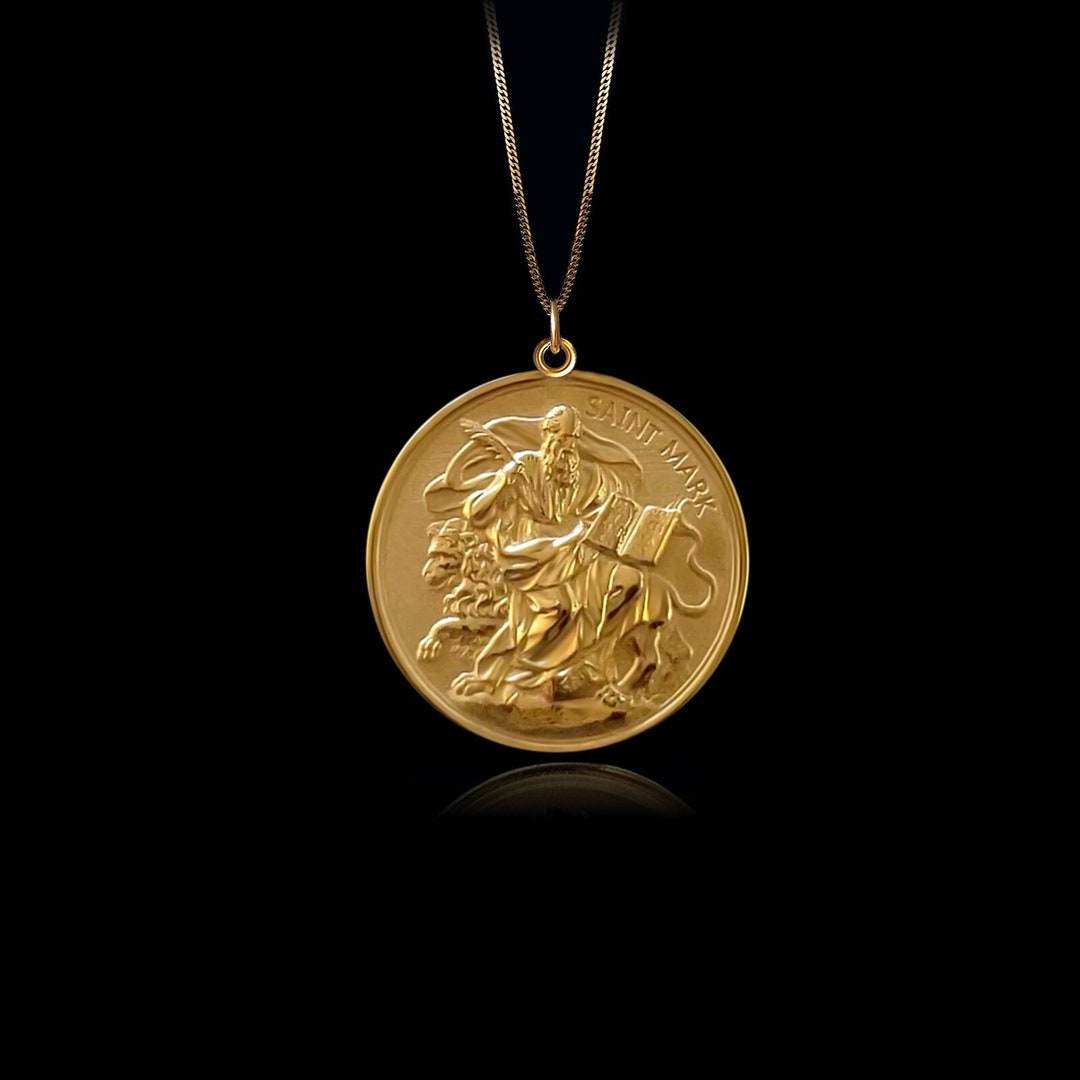 Gold Saint Mark Pendant Solid Gold Saint Mark Necklace, St Mark