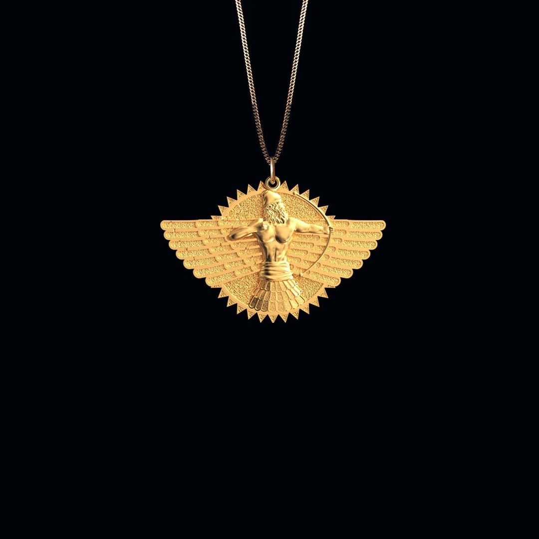 Gold Ahura Mazda Pendant 14k Solid Gold Assyrian Warrior Necklace