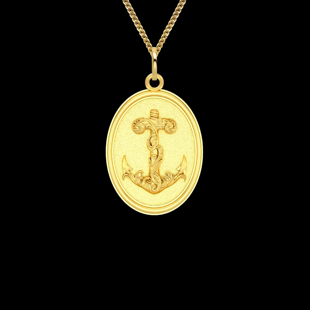 Gold Anchor Medal 14k Solid Gold Anchor Necklace Nautical Etsy