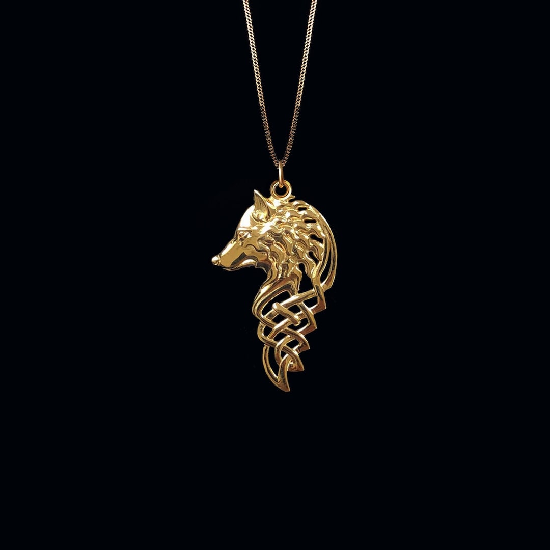 Gold Wolf Pendant 14k Solid Gold Wolf Head Necklace Celtic Etsy