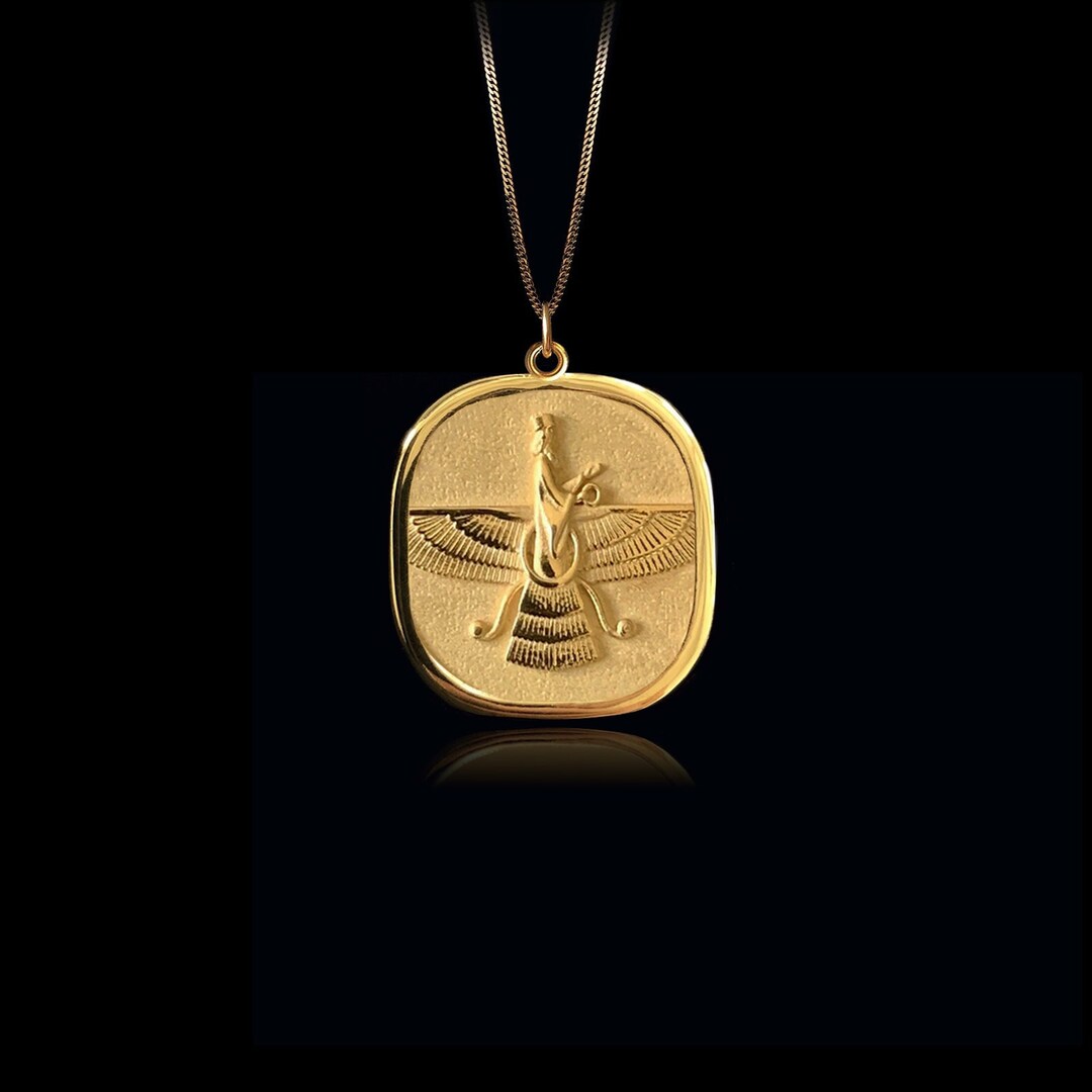 Gold Ahura Mazda Pendant 14k Solid Gold Assyrian Necklace, Faravahar