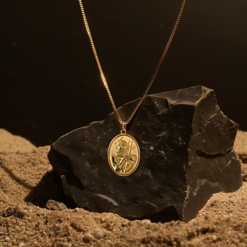 Gold Poseidon Pendant Solid Gold Mythical Jewelry, Gold Poseidon