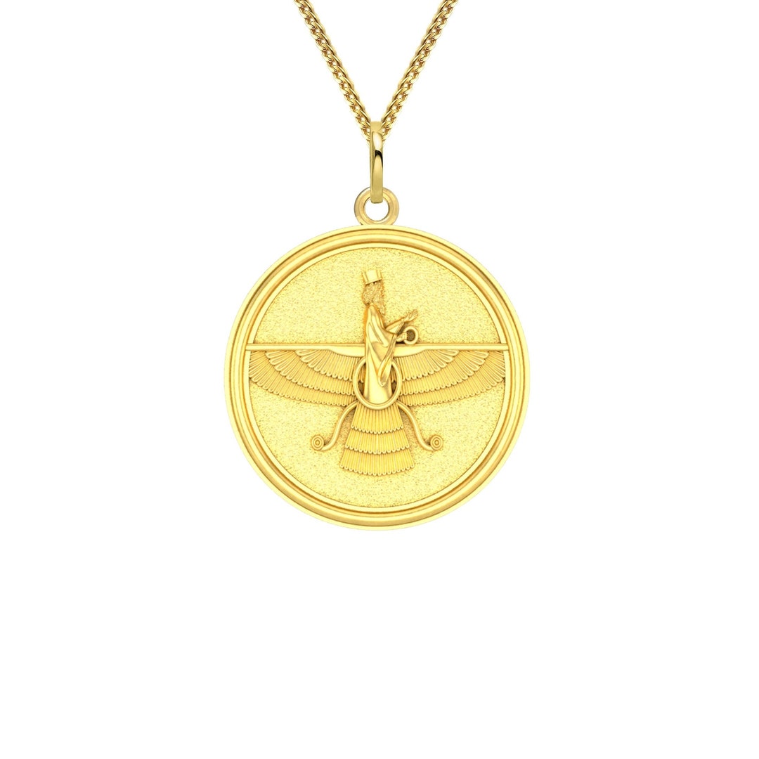 14k Solid Gold Ahura Mazda Coin Pendant Assyrian Jewelry Etsy