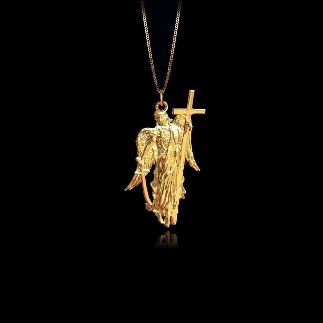 10k Gold St. Gabriel Archangel Medal Pendant With Diamonds - Pray For Us Prayer Necklace - View #4