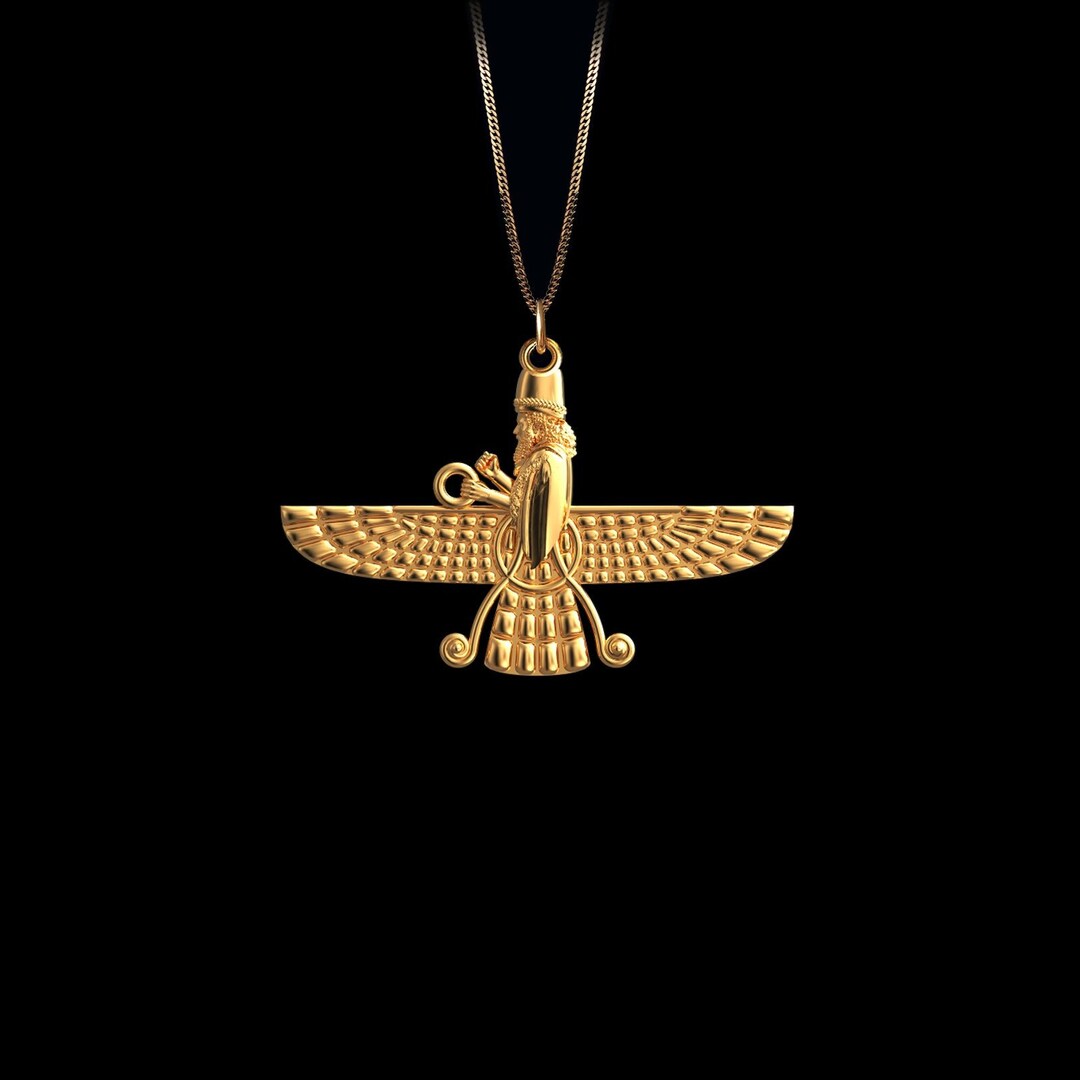 Gold Ahura Mazda Pendant 14k Solid Gold Assyrian Necklace, Faravahar