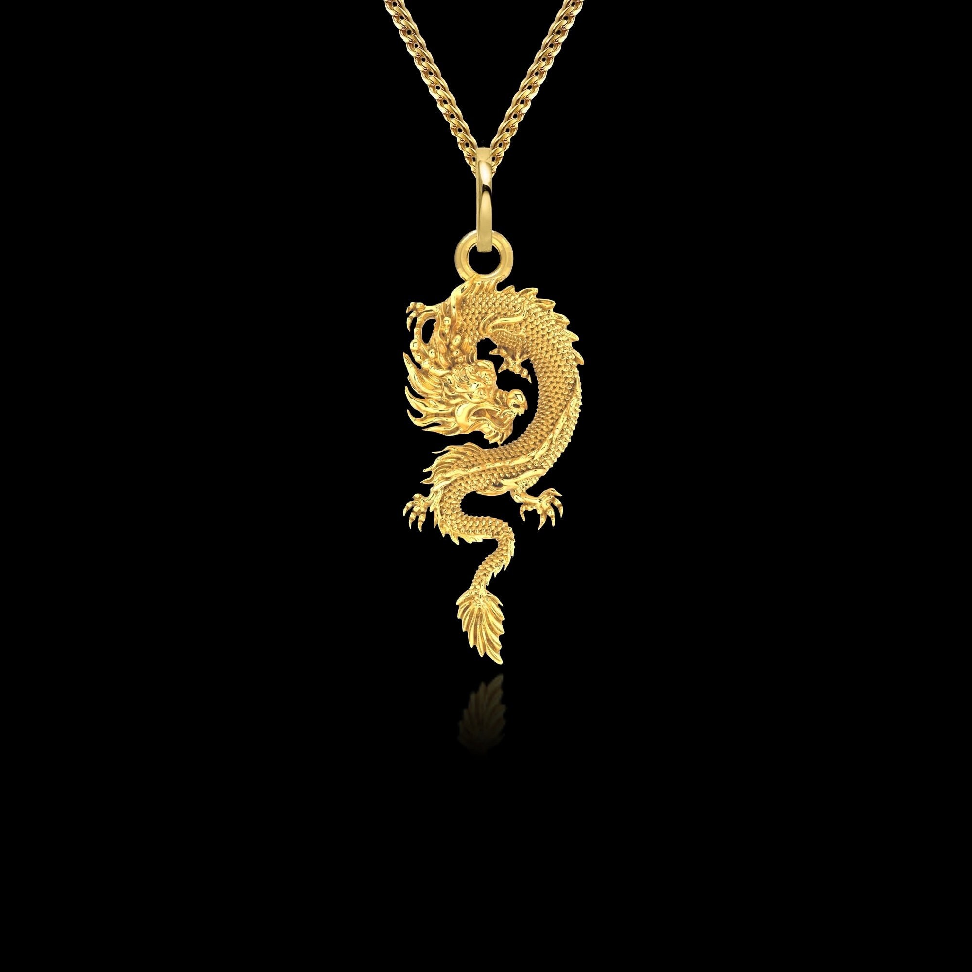 14k Solid Gold Dragon Necklace for Men 