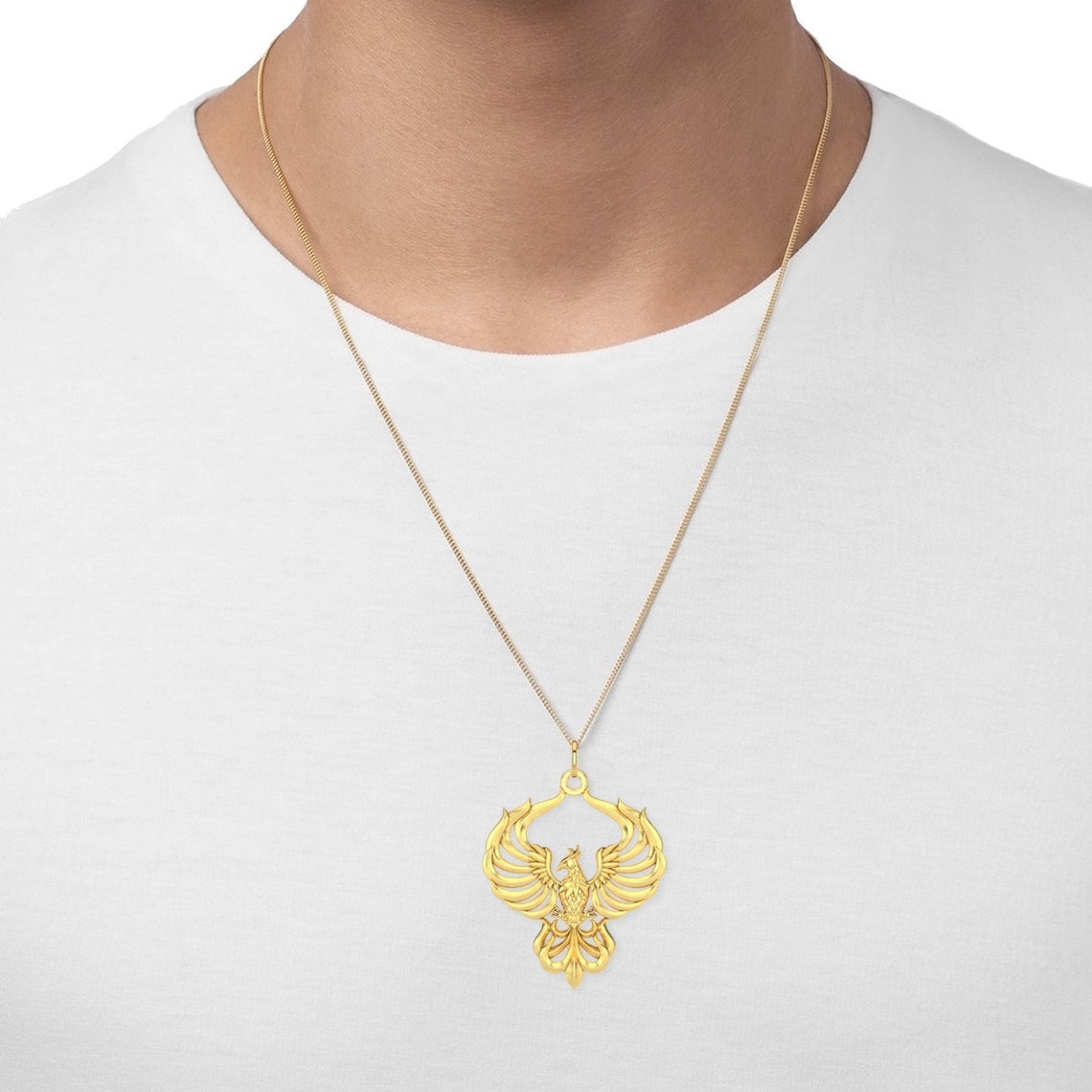 Phoenix Pendant 18K Solid Gold Phoenix Necklace Mythology Etsy