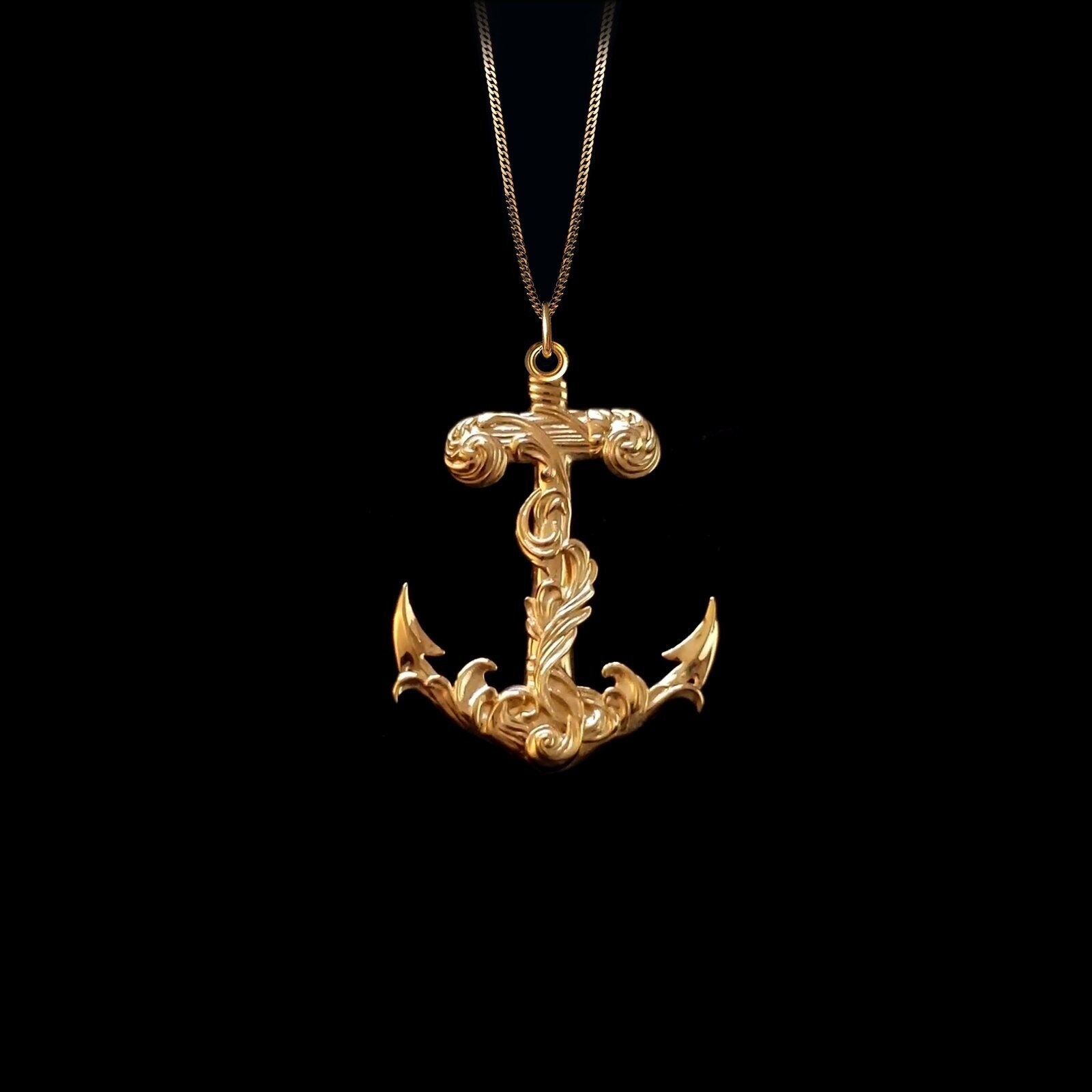 Two-Tone Gold Diamond Nautical Rope Anchor Pendant Necklace