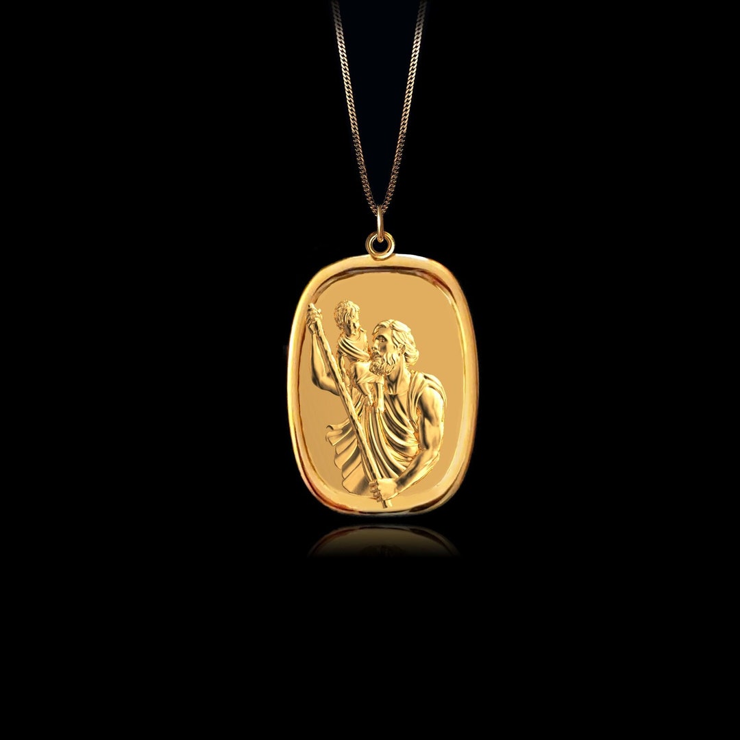 thumbnail image 2 of 10k Solid Gold Saint Christopher Pendant Necklace – Engraved Italian Charm 2 of 5