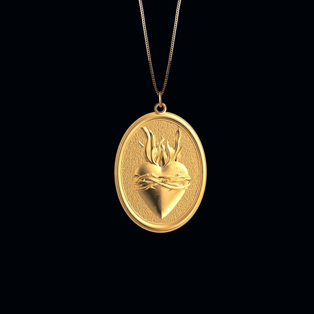 Gold Sacred Heart Pendant 14k Solid Gold Sacred Heart Etsy