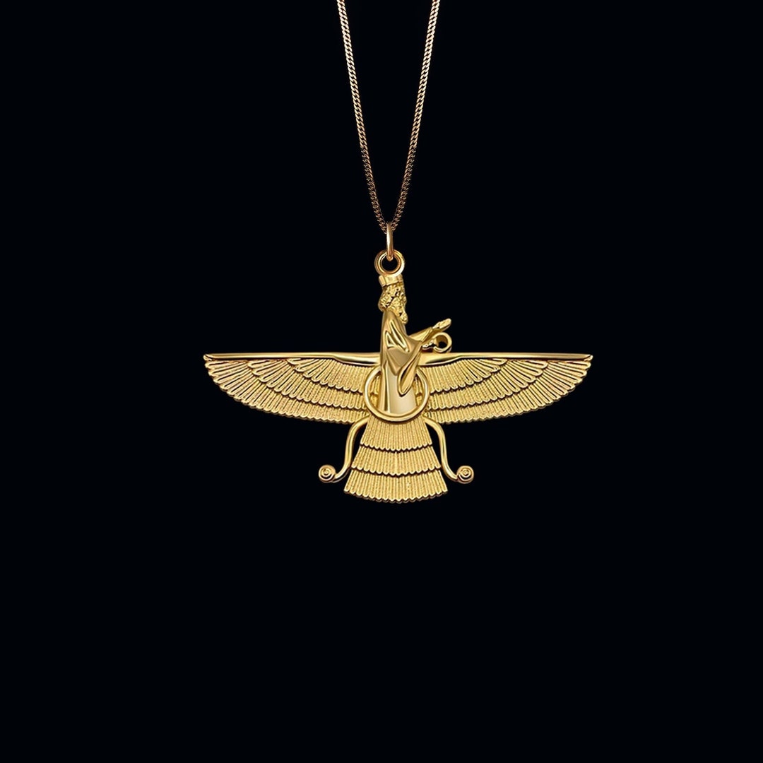 Gold Ahura Mazda Pendant 14k Solid Gold Assyrian Necklace, Faravahar