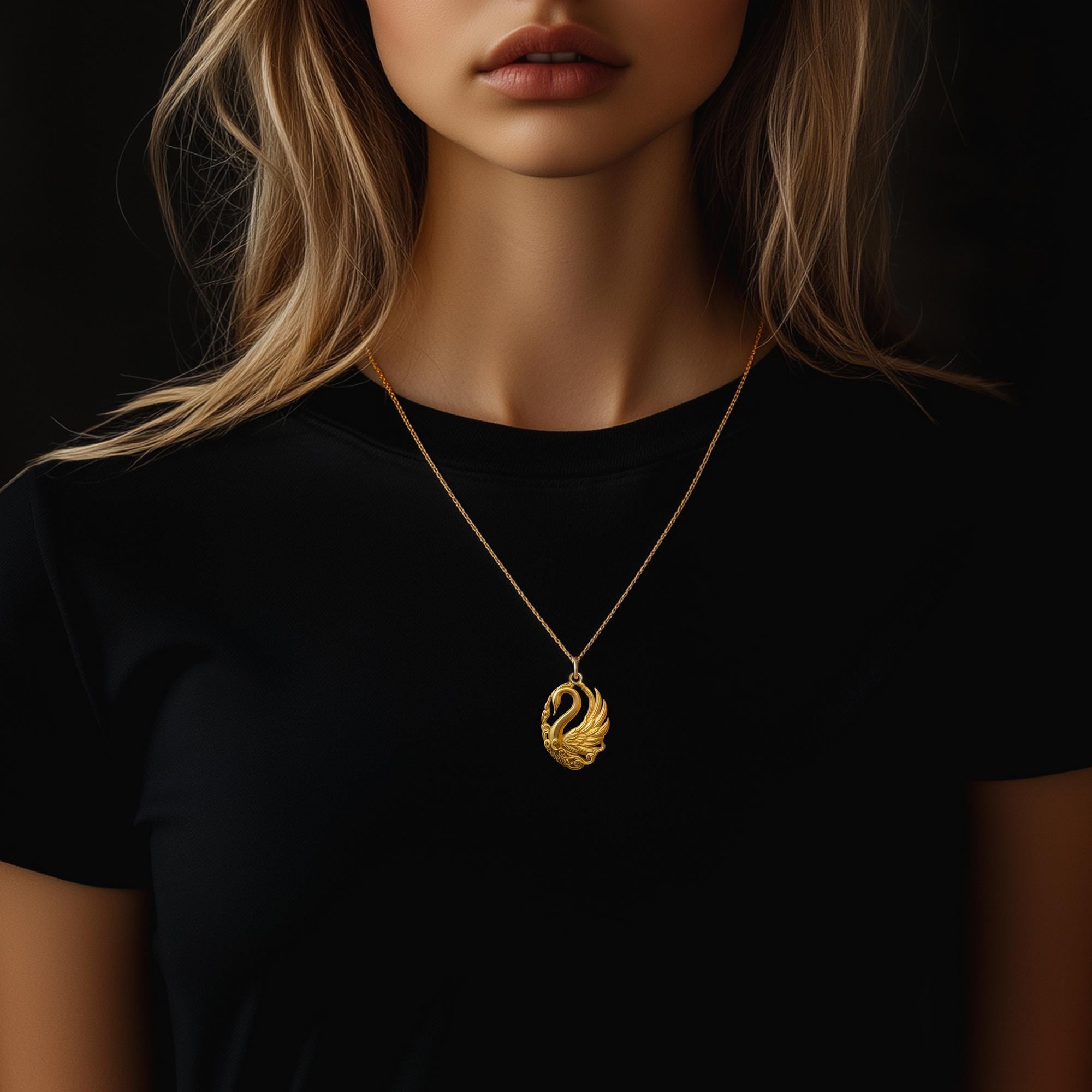 Gold Swan Pendant 3 - Solid Gold Swan Necklace, Elegant