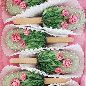 Pu&ograve; includere: Sei cake pops verdi e rosa decorati con fiori e foglie su bastoncini di legno. I cake pops sono disposti in fila e avvolti in carta bianca.