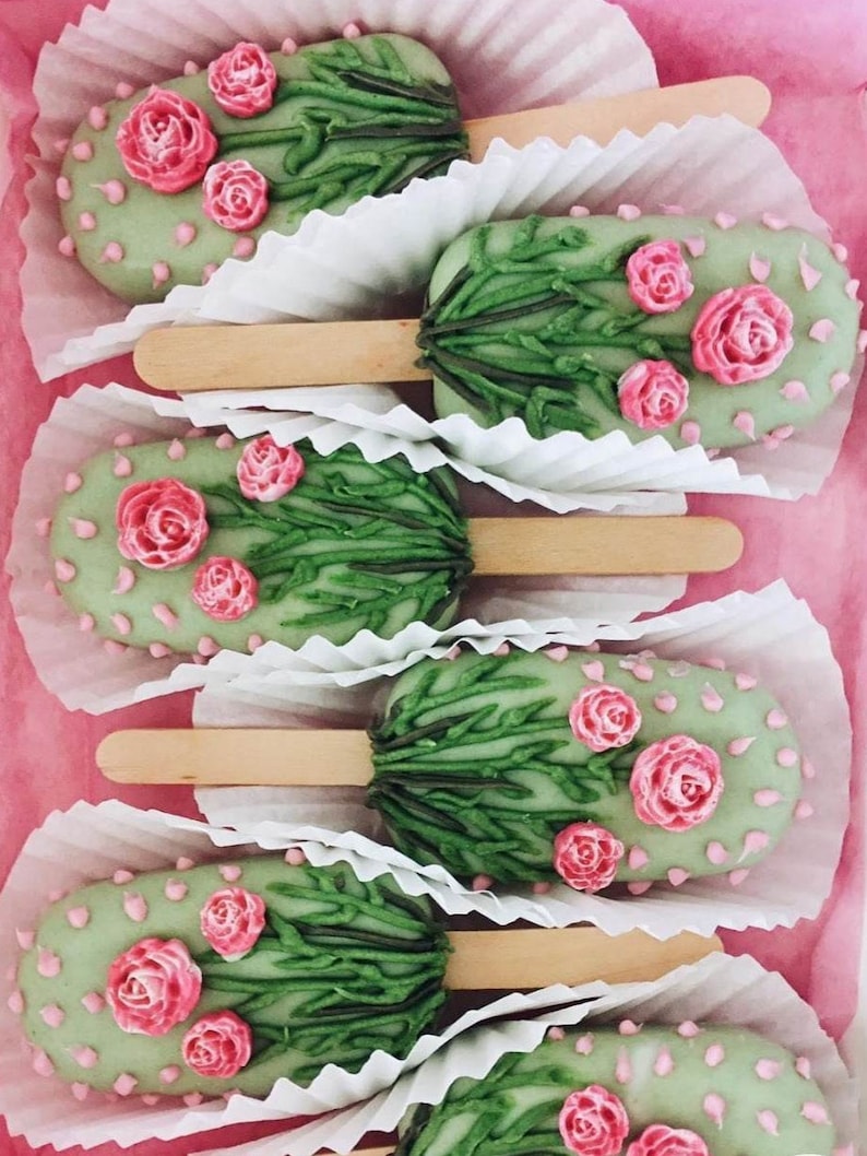 Pu&ograve; includere: Sei cake pops verdi e rosa decorati con fiori e foglie su bastoncini di legno. I cake pops sono disposti in fila e avvolti in carta bianca.