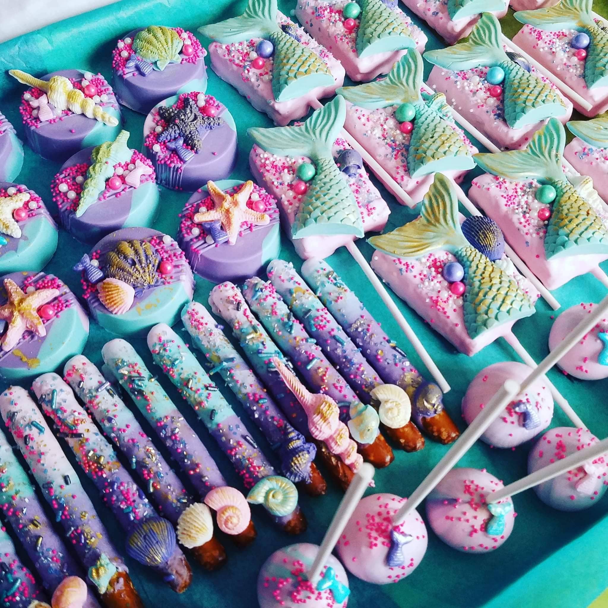48 PC Gluten Free Mermaid Dessert Package Under Sea Party Pack Dessert Chocolate Cake Pops Oreos Pretzels Rice Crispy Treats Birthday Baby