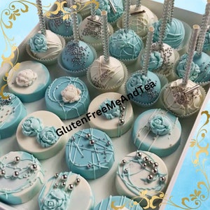 60 PC Gluten Free Party Package Blue Silver Chocolate Cake Pops Cakesicles Oreos Pretzels Rice Crispy Treats Birthday Baby Boyl Shower